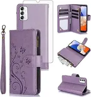 [Asuwish] Phone Case for Samsung Galaxy A14/M14 5G Wallet Cell Cover with Tempered Glass Screen Protector Wrist Strap Flower Flip Zipper Card Holder Slot Stand A 14 4G 14A 14M G5 Women Girls Purple
