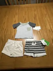 NWT Gerber Modern Moments 0-3 Month Boys 2 Pair Shorts 1 Shirt Grey,Beige 3piece