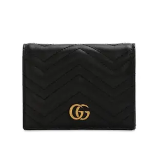 【GUCCI 古馳】GG Marmont 經典金屬雙G 卡夾 皮夾 短夾 零錢包 黑色 466492