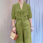 ZANZEA Women Summer Daily Two-Piece Set Stylish Bubble-sleeve Cotton Linen Top & Wide-leg Pants Casual Set Plus Size