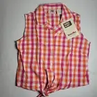 Vtg Faded Glory Tank Top Tie Front Plaid Red Orange Button Down Size Small