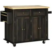 Homcom Kitchen Island Brown Wheels Rolling Cart Rubberwood Top Towel/Spice Rack