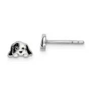 Sterling Silver Rhodium-Plated Polished Black & White Enameled Puppy Children'S Post Earrings