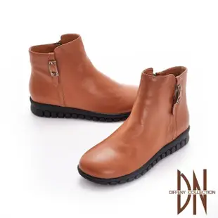 【DN】短靴_質感牛皮側皮帶水鑽飾扣平底短靴(棕)