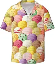 [HVTTIOR] Ice Cream Print Short Sleeve Shirt Cuban Collar Beach Casual Style Summer Vacation Relaxed Fit