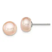 Sterling Silver Rh-Plated 8-9mm Pink Fw Cultured Button Pearl Stud Earrings
