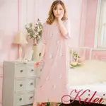 【KILEI】滿版兔兔牛奶絲長版短袖連身裙睡衣XA4010-02(甜美豆粉)大尺碼