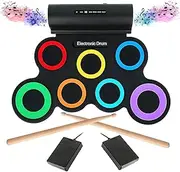 Electronic Drum Set, 7 Practice Drum Pads,Roll-up Rechargeable Drum Set with Pedals,Sticks,Built-in Speaker/Headphone Jack, Rainbow Color