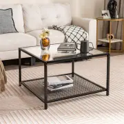 Costway70 CM Modern 2-Tier Square Glass Coffee Table with Mesh Shelf-White