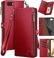 XcaseBar for iPhone SE 3rd/7/8 Wallet case with Zipper Credit Card Holder【RFID Blocking】, Flip Folio Book PU Leather Phone case Shockproof Cover Women Men for Apple SE case Red