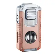 5-in-1 Cigar Lighter with V-Cutter & Punch & Draw Enhancer - Triple Jet Flame Refillable Butane Torch, Perfect Gift for Men Gold Sand