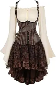 [Hengzhifeng] Women's Steampunk Corsets Underbust Striped Bustier Tops with Pirate Skirt and Gothic Blouse Costume