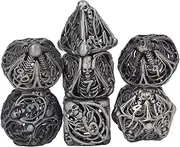 Dice Sets Hollow Metal Game Dice Skulls Ancient Dice 7Pcs Polyhedral Dice Set for RPG Table Games and Math Teaching Board Card Tabletop Game(Silver)