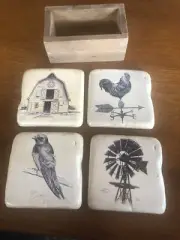 Chad Barrett Stone Coasters Cork Farmhouse Windmill Barn Weathervane Bird Set 4