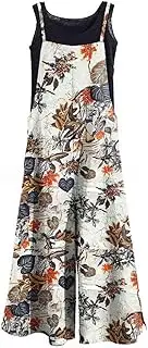 [KMAZN] Women's Casual Loose Long Cotton Bib Overalls Baggy Linen Plus Size Jumpsuits Rompers Wide Leg Pants QG5 038 XL, Jumpsuits-038