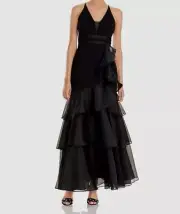 $496 Aidan Mattox Womens Black Sleeveless Mesh Tiered Mermaid Gown Dress Size 6