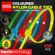 Handy Hardware 450PCE Cable Ties Coloured Assorted Sizes 75pcs per pack