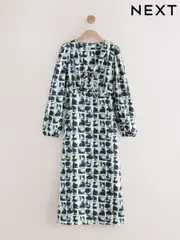 Black White Tile Print Long Sleeve Tie Front Midi Dress (F04424) | $68