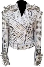 [KAAZEE] Womens Metal Spikes Britney Jacket Slim Fit Genuine Leather Coat Brando Studded Motorcycle Jacket Women White, Medium