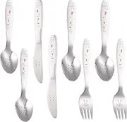 8Pcs Stainless Steel Children Cutlery Set, Children Cutlery Set Comfortable Grip Tableware with Printing Easy to Clean for Home School