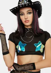 [J Valentine] Black Star Mesh Cap Sleeve Top