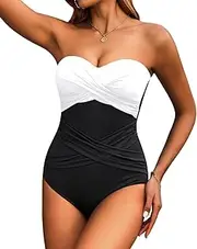 [Holipick] Women Strapless One Piece Swimsuits Tummy Control Bandeau Bathing Suits Retro Slimming Swimwear