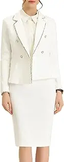 [Allegra K] Women's Business Suit 2 Pieces Tweed Trim Blazer Jacket and Skirt Set
