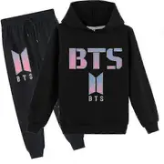 Bts Middle And Big Children Cartoon Printing Casual Hoodie Sweater + Trousers Suit-2-9 black 150cm