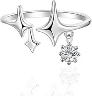 [Hebelee] Cute CZ Star Promise Stackable Ring for Women Girls Silver Plated Crystal Stars Adjustable Statement Wrap Finger Band Rings Eternity Fashion Wedding Engagement Christmas Jewelry Dainty Gift, Metal, No
