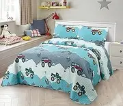 Kids Zone Collection Monster Trucks Kids/Teens Quilted Bedspread Set Blue, White, Red and Gray Mountain Design Twin New # Monster Trucks