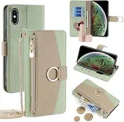 YOUULAR Wallet Case with Crossbody Strap Compatible for iPhone Xs Max, Magnetic Handbag Zipper Pocket Cases PU Leather Flip Shockproof Cover with Kickstand for iPhone Xs Max Green