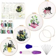 4 Pack Cat Embroidery Kit Beginner Cross Stitch with Hoops Scissors Threads Need