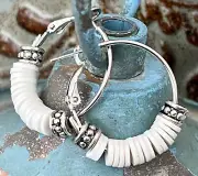 Silver and White Polymer Clay Heishi Bead Hoop Earrings. Light Weight