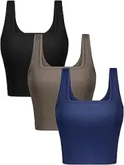 [CINGUE] Crop Tops for Women Workout Cropped Tank Top Seamless Ribbed Square Neck Crop Top Yoga Exercise Shirts 3 Pack