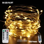 8 Modes Warm White 16.5FT 50 LED Copper Wire LED String Fairy Lights USB+Remote