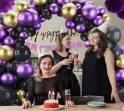 Purple Gold Black Balloon Garland Kit - Purple Black Balloons Metallic