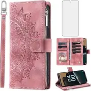 Asuwish Phone Case for Nokia G60 5G Wallet Cover with Tempered Glass Screen Protector Wrist Strap Mandala Flower Flip Zipper Credit Card Holder Slot Stand Cell NokiaG60 G 60 60G Women Men Rose Gold