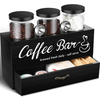 3 Pcs Coffee Canister Set with Shelf and Spoon Plastic Coffee Bean Storage Co...
