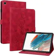Case for Samsung Galaxy Tab A8 2021 SM-X200/X205 10.5 Inch, Multi-Angle Viewing Faux Leather Protective Case with Card Slots Cover Lily Pattern Case for Galaxy Tab A8, Red