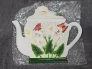 Butterfly Floral Ceramic Trivet Reverse Wall Plaque Tea Pot Hand Painted