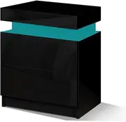ALFORDSON LED Bedside Table High Gloss Nightstand Cabinet with 2-Drawer RGB Wooden Bedroom Furniture Storage Cabinet Chest Sofa Side End Table for Hallway, Bedroom and Living Room (Perla Black)