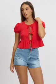 Red Tie Front Top Puff Sleeve - Size 12M, Women's Bolero