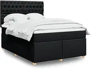 vidaxl Double Box Spring Bed - Fabric Upholstered Mattress Set with LED Lights/Height-Adjustable Headboard/Black - Bedroom Durable Polyester