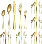 Gold Cutlery Set 30 Pieces Service for 6, Berglander Titanium Gold Plated Stainless Steel Flatware Set, Knives Forks Spoons Silverware Set, Dishwasher Safe