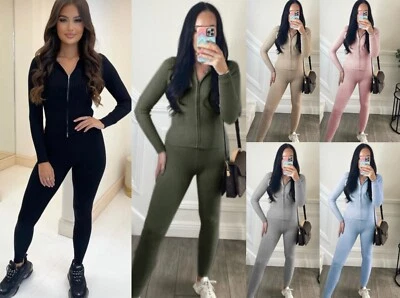 Women's Ribbed Knitted Two Way Zip Ladies Loungewear Suit Tracksuit 2 piece Set