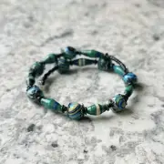 Hand Crafted Reconstituted Turquoise + African Paper Bead Memory Wire Bracelet