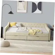 Full Size Daybed with Two Storage Drawers,Linen Upholstered Day Bed Beige-full