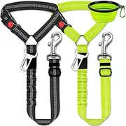 Dog car seat Belt, 2 Packs Dog car seat Belt Adjustable Elastic Bungee Cushion, 2 in 1 pet car Leash headrest Restraint Dog Reflective Safety Rope-(Black+Dark Green,complimentary 1 Folding Dog Bowl)