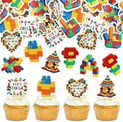 Cyodoos 40Pcs Edible Building Block Birthday Party Cupcake Toppers Boy Girl Birthday Party Decorations Brick Themed Building Block Birthday Decorations for Kids Adults Birthday Party Supplies