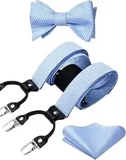 [HISDERN] Various Classic 6 Clips Suspenders & Bow Tie and Pocket Square Set Y Shape Adjustable Braces